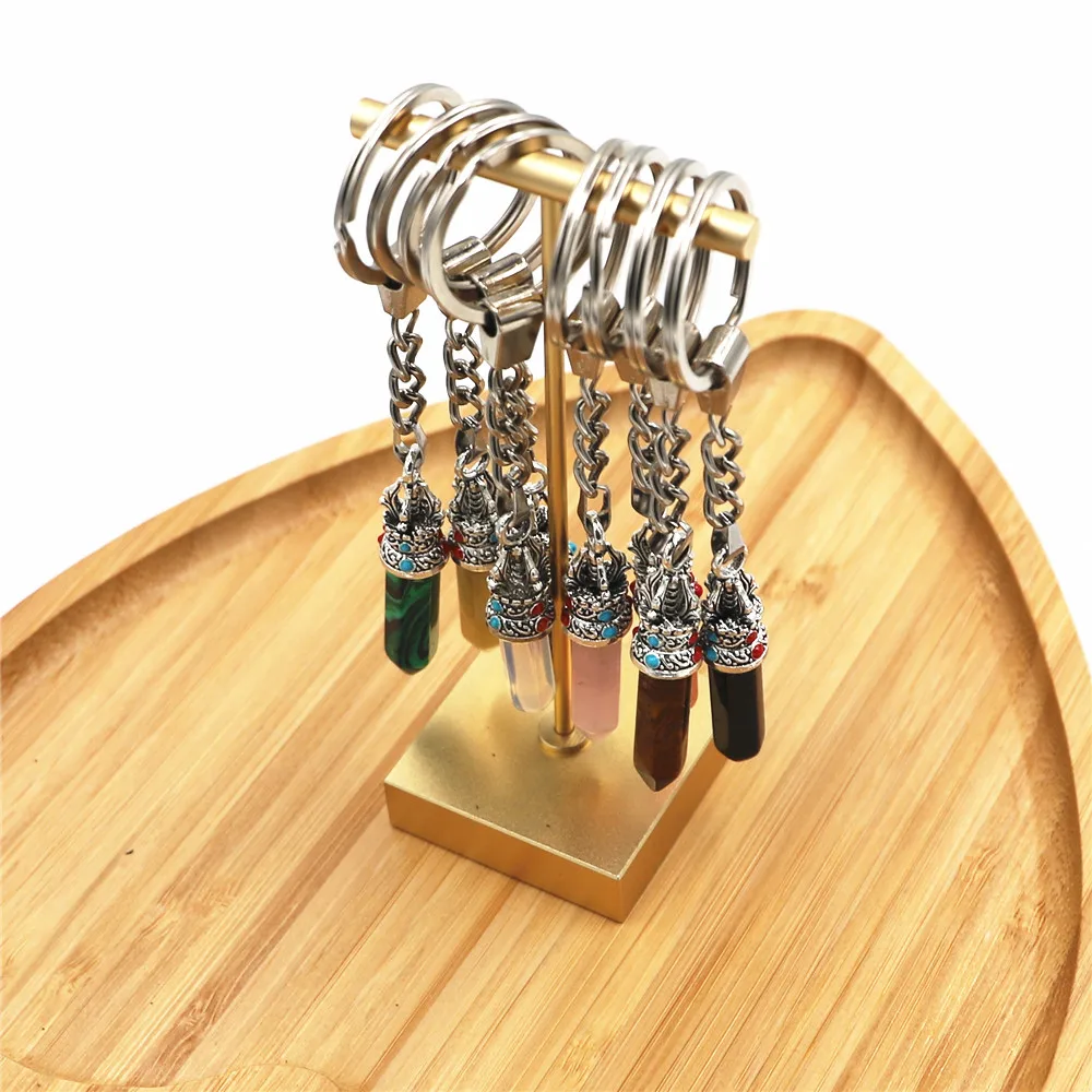 

Lapis Lazuli Keychain Natural Stone Hexagonal Bullet Malachite Yellow Agates Keyring Alloy Crown Charm Keychain Cute Keychain