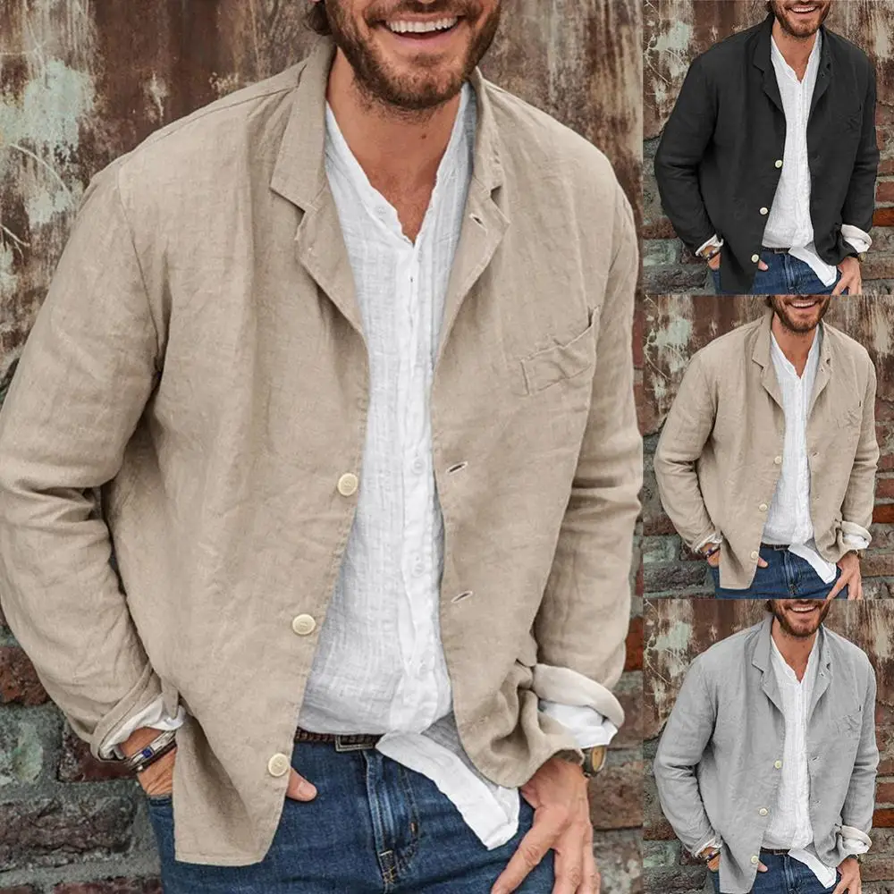 

2021 New Men Spring Casual Solid Color Long Sleeve Single-breasted Blazer Coat Jacket Cotton Linen Slim Blazer Coat Jacket