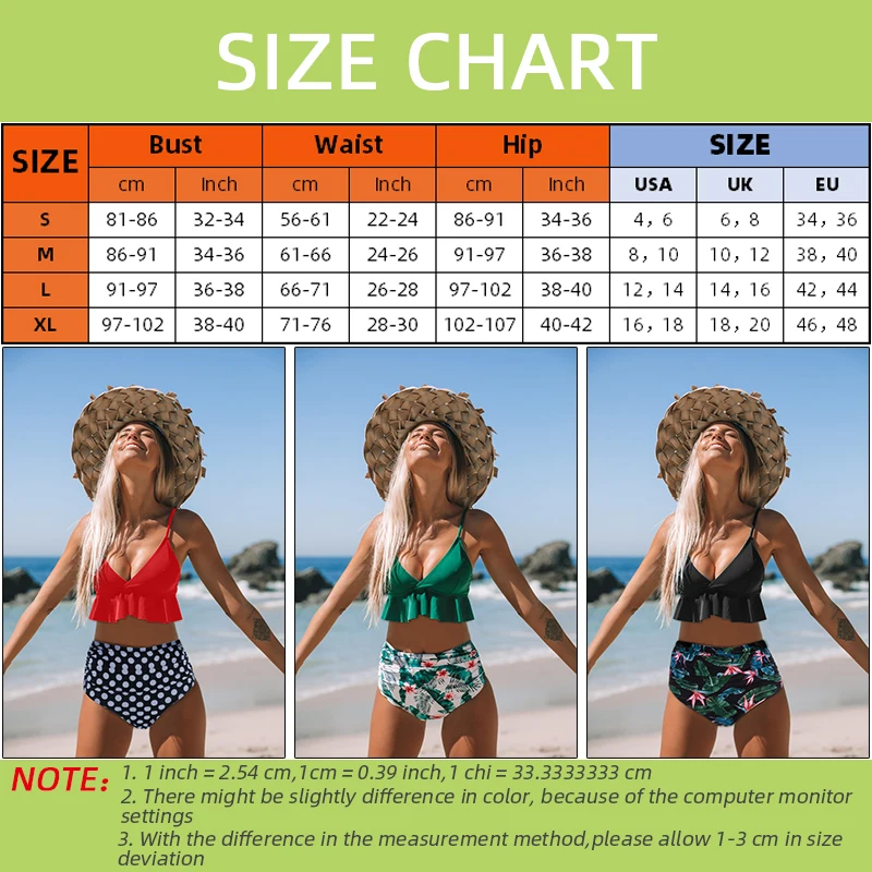 

Sexy Floral Ruffled Hem Bikini Set Women Flora V-neck High-waisted Two Piece Swimsuit Girl Beach Bathing Suit Swimwear Biquinis