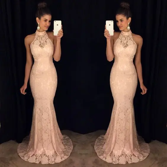 

Women Romantic Pink Vestido Lace Sleeveless Round Neck Camis Floor-Length Long Maxi Dress Open Back Wrapped Fishtail Party Dress