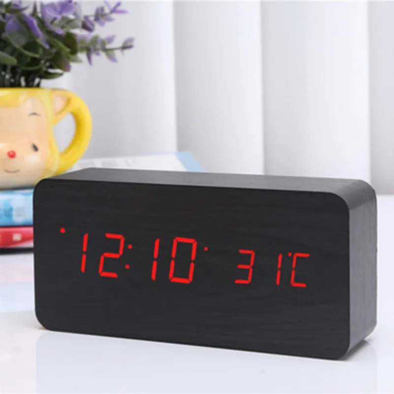 Светодиодный Деревянный цифровой будильник ночник Дисплей температура стол Clockes