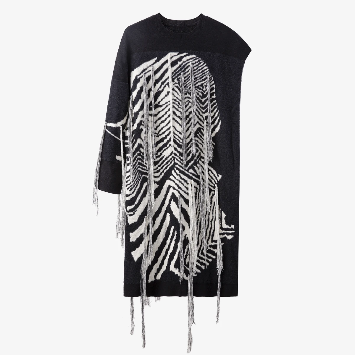 

Women Irregular Knitted Dress Single Long Sleeve Tassel Stitching Long Dresses Women Loose Casual Black Dresses 2020 Clothing