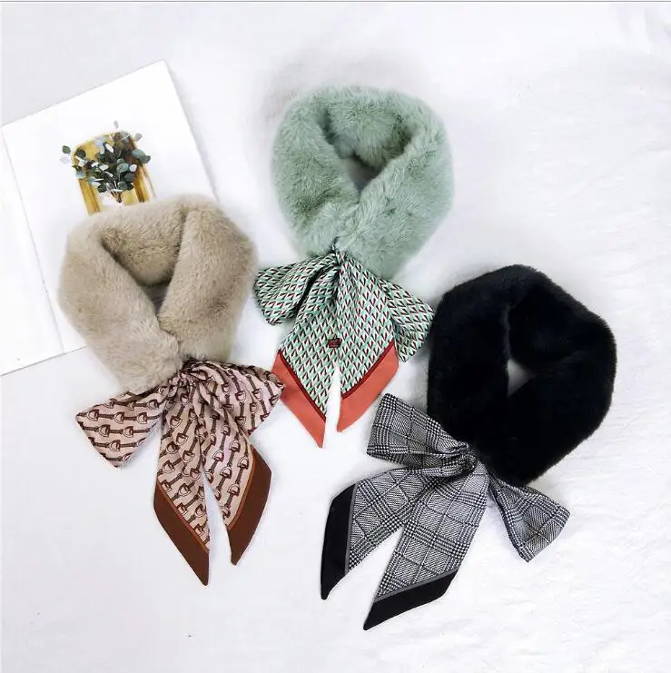 Женский теплый шарф из искусственного меха с галстуком бабочкой 9*160 см клетчатый