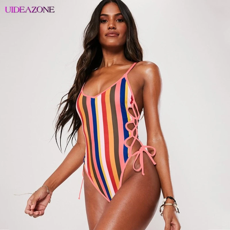 Хит продаж цветные полосатые женские боди летние купальники открытая спина без