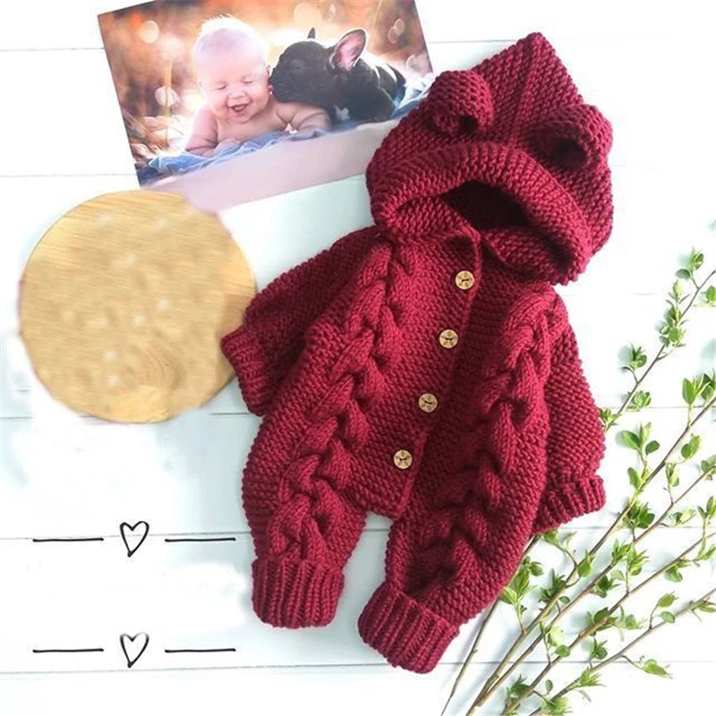 Детские вязаные комбинезоны с рисунком медведя осенние для новорожденных