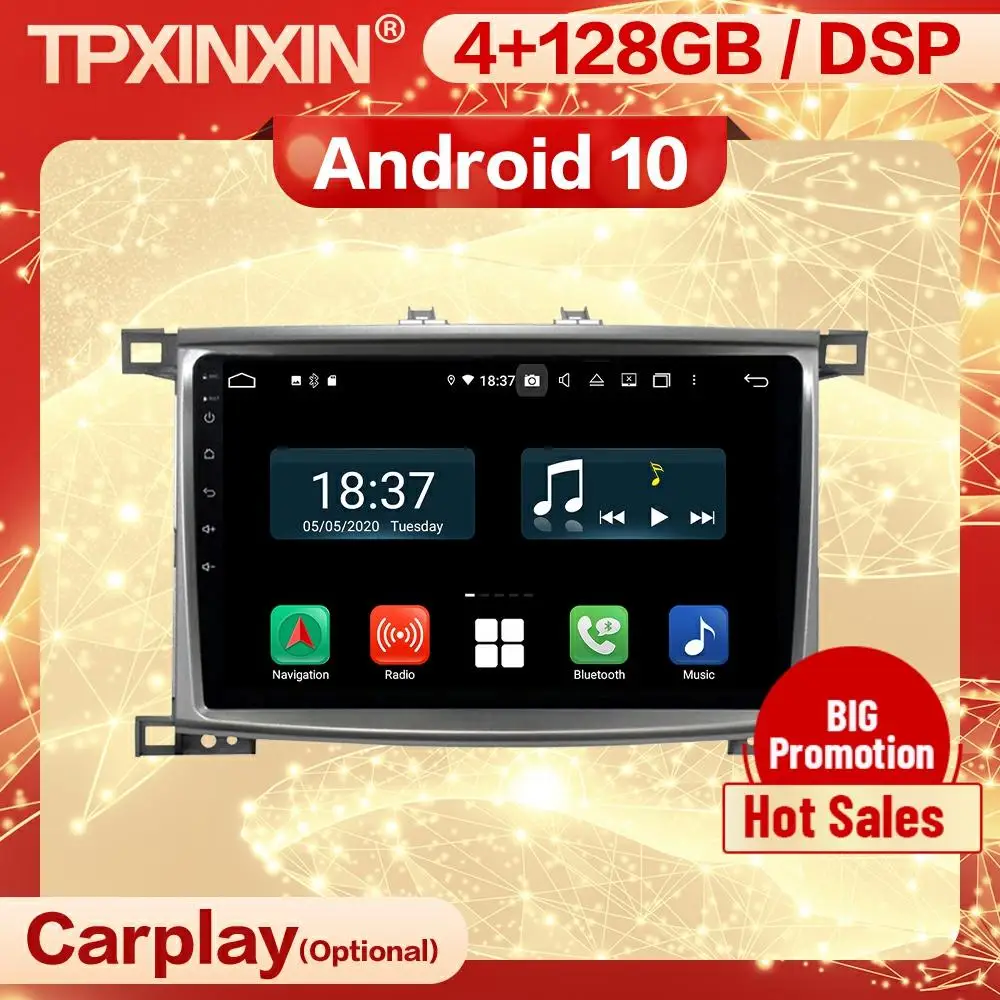 

Мультимедийный стерео-приемник Carplay, 4 + 128G, 2 Din, Android, для Toyota LC100, 2005, 2006, 2007, Wi-Fi, радио, аудиоплеер, головное устройство