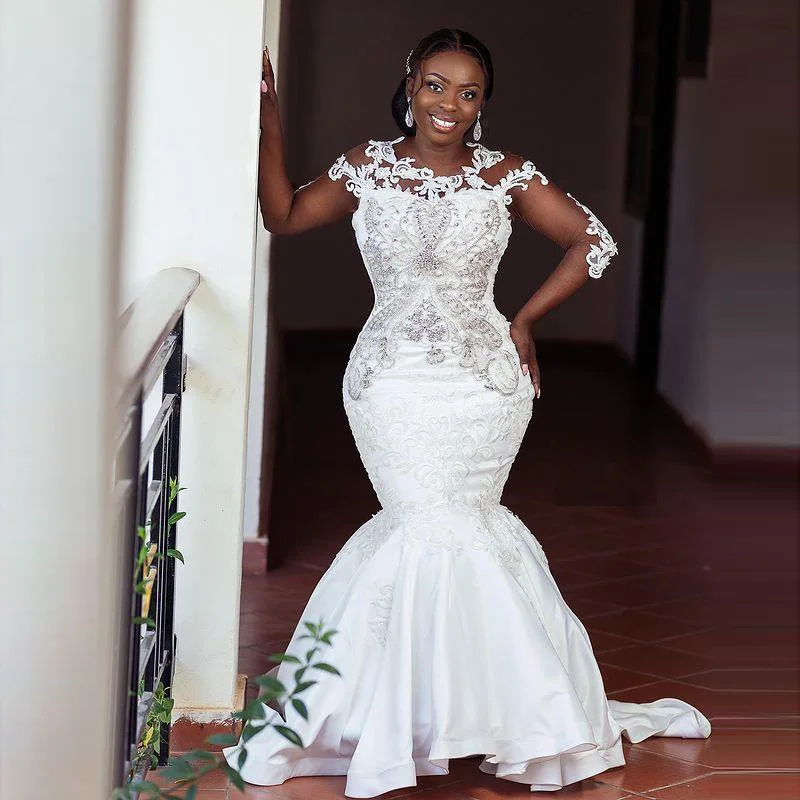 

Major Beadings Luxury Mermaid Wedding Dresses With Sheer Neck Long Sleeves Beaded Crystals Sexy Aso Ebi Bridal Dress African