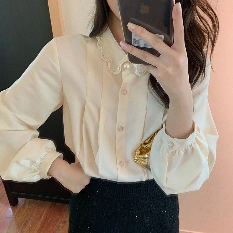 

Houthion Long Sleeve Women Blouse Solid Color Folds Lapel Loose Comfortable Fashion Leisure Top Shirts Summer Blusas