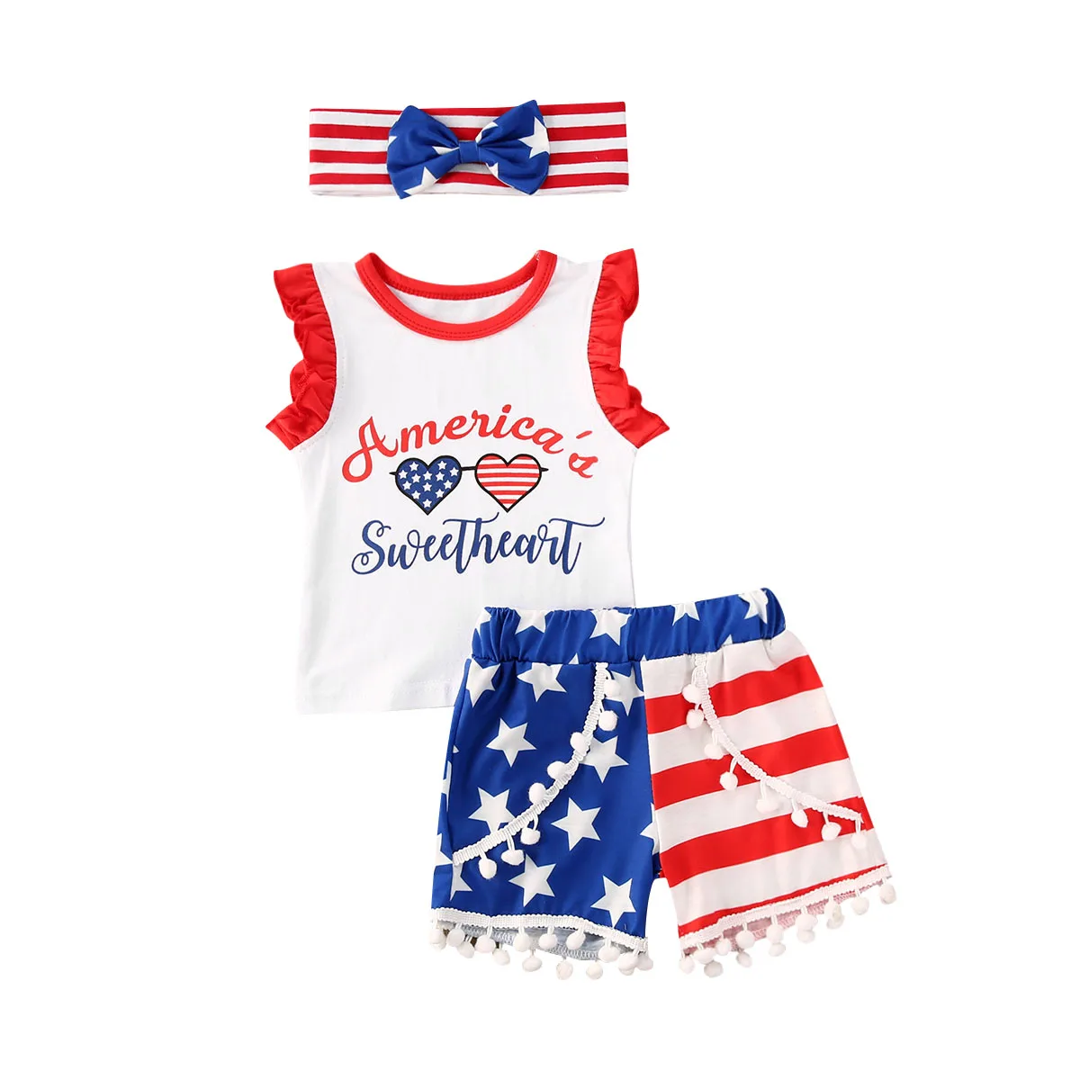 Independence Day Infant Baby Girls Boys Outfits Letter Print Sleeveless Vest Tops+Star Stripe Shorts+Headband 3pcs Set | Детская одежда