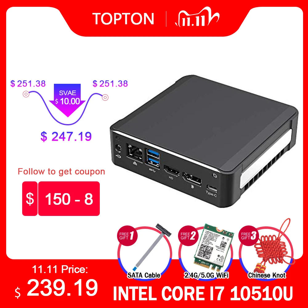 Новый мини ПК с Windows 10 Intel i7 10510U I5 10210U 2 * DDR4 M.2 Nuc ультра компактный Barebone Мини