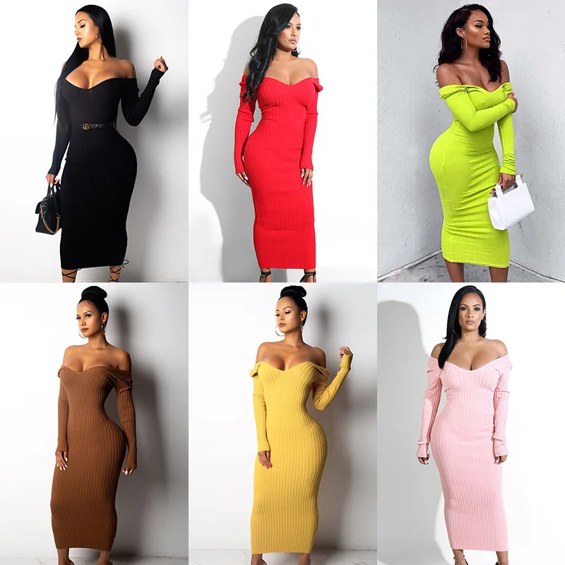 

Autumn and Winter New Style Women's Mid-length Solid Color Sweater Knit Sweater Women's Pullover V-neck Knitted Dress