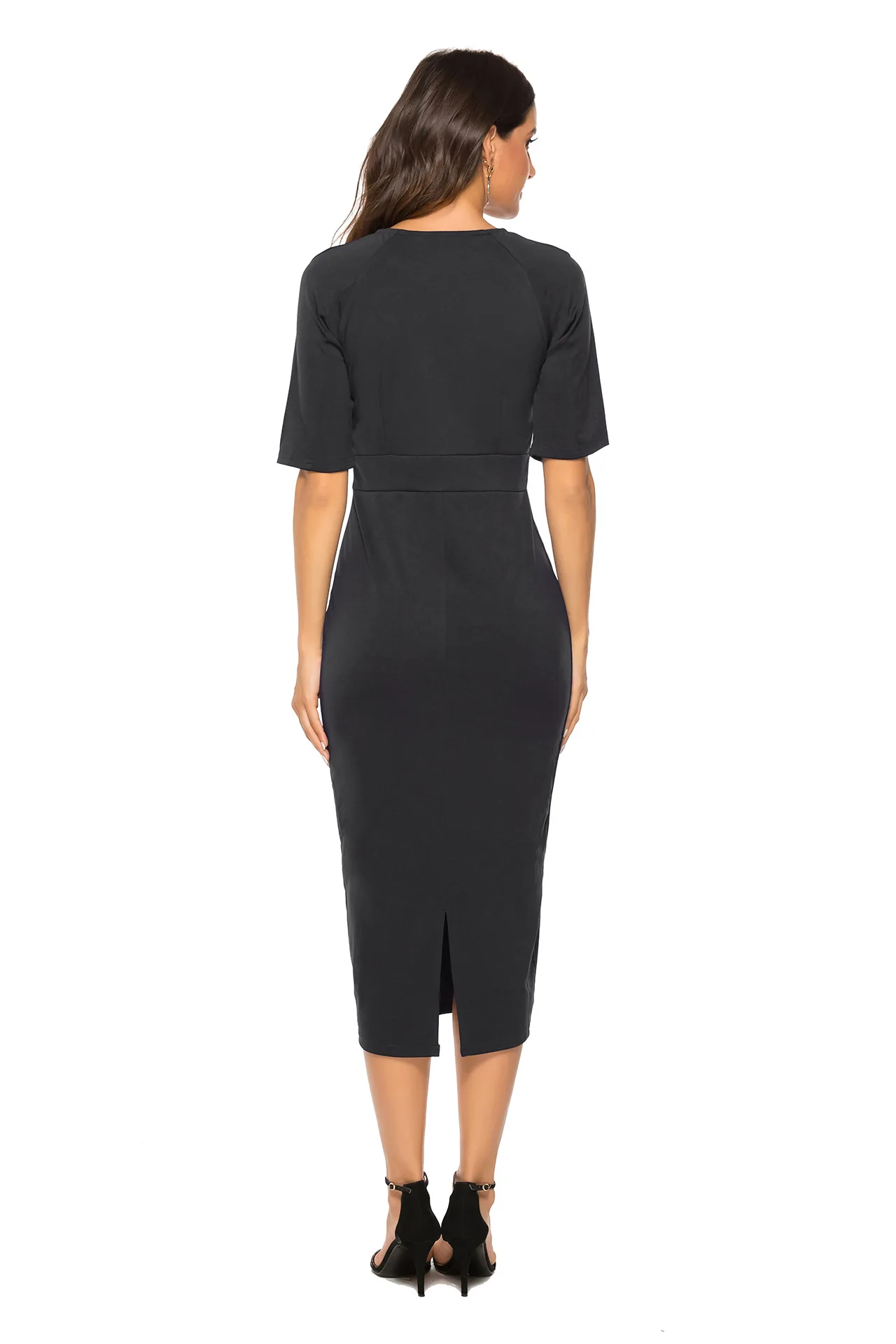 

Elegant Women Midi Dress Casual O Neck Open Short Sleeve Skinny Dress Summer Office Lady Solid Package Hip Pencil Dress Vestidos