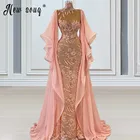 Женское вечернее платье с юбкой годе, розовое кружевное платье с бусинами и длинным рукавом, с высоким воротом, для выпускного вечера, 2021