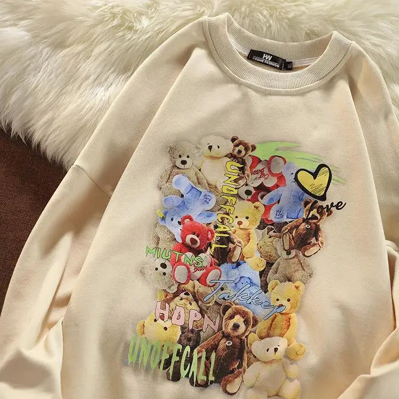

2021 Autumn New 3 Colors Retro Bears Print Kawaii Sweatshirt Fashion Teens Clothes Oversized Hip Hop Streetwear Long Sleeve Tops