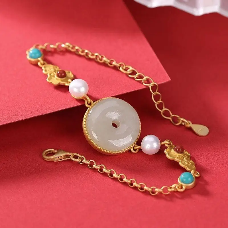 

Palace Style Jewelry New Ancient Sterling Silver Gilding Hetian Jade Peace Buckle Bracelet for Women Mother's Day Gift