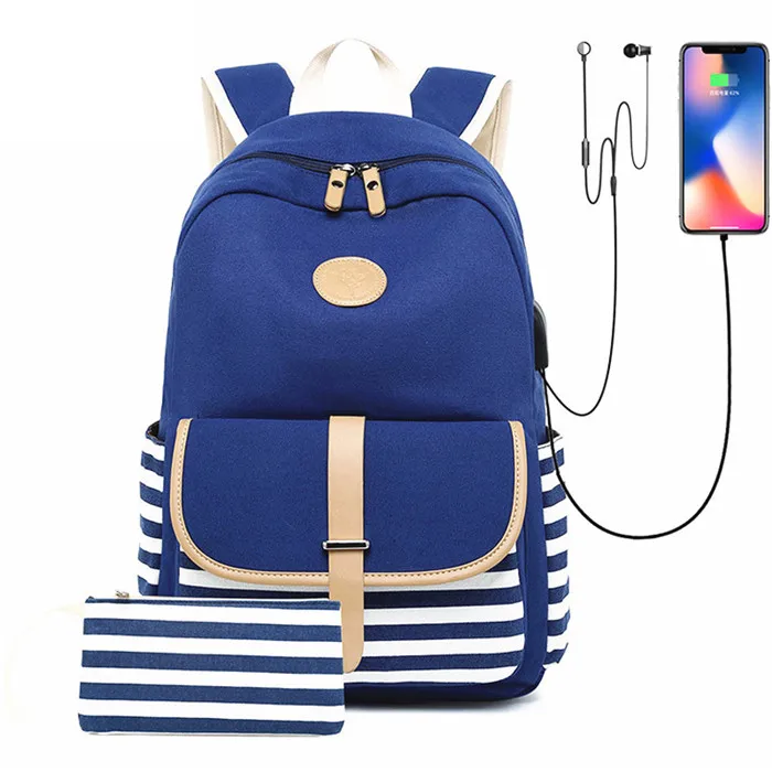 style2-2pcs-blue 2 комплекта, USB школьные сумки для девочек-подростков, рюкзак для ноутбука, сумка для женщин, рюкзаки для телефона, сумка в полоску с принтом, mochila escolar - Цвет: style2-2pcs-blue