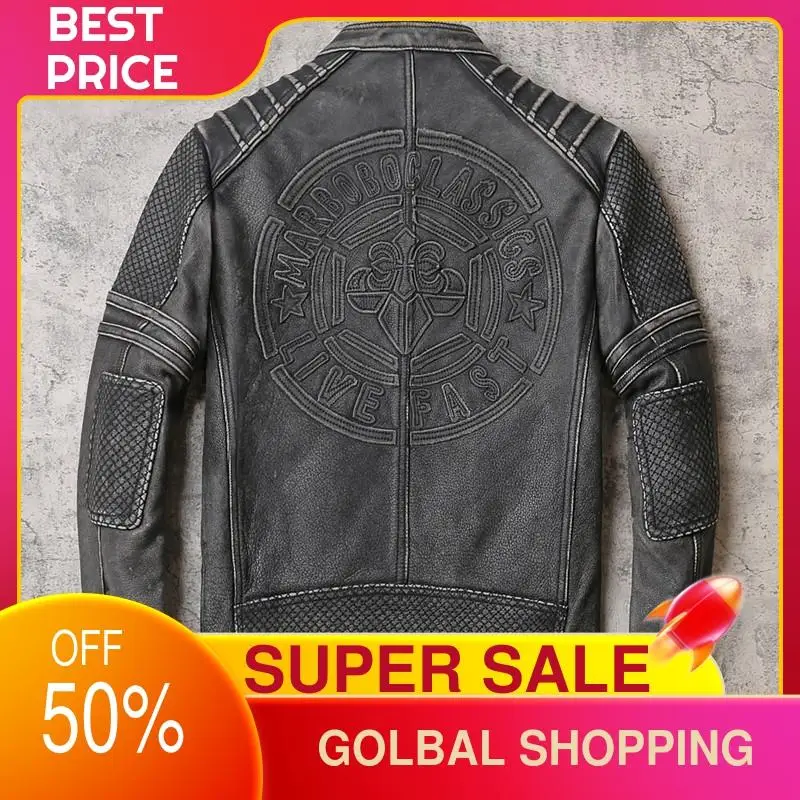 

2021 Vintage Black American Motorcycle Style Genuine Leather Jacket Men Plus Size 5XL Real Natural Cowhide Slim Fit Biker's Coat