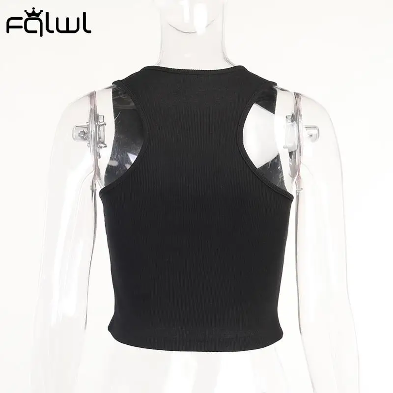 

FQLWL Summer Sexy White Black Crop Top Women 2021 O Neck Sleeveless Hollow Out Tops Female Patchwork Clubwear Fashion T Shirts
