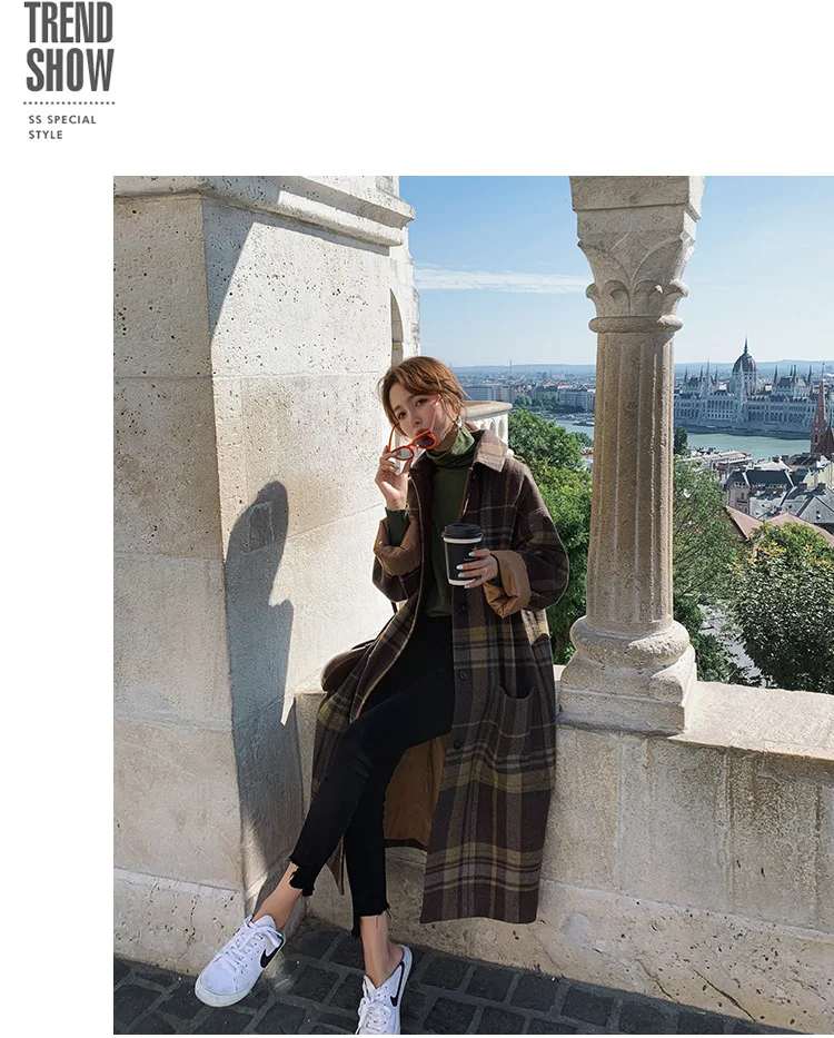 Шерстяное клетчатое пальто для фотосессии, женское, средней длины, зима, стиль, корейский стиль, модное, элегантное, свободное, Дафлкот, модное пальто
