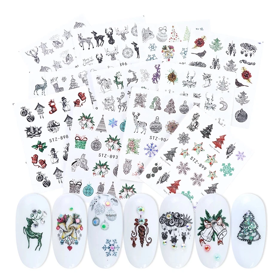 

12pc New Year Nail Art Transfer Sticker Full Wraps Set Christmas Winter Decal Snowflake Sliders Manicure Decoration STZ892-905