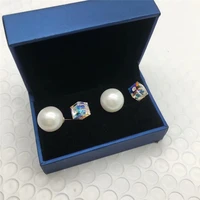 ms betti new design two wearing style earrings of pearl and cubic crystal stone from austria in blue jewelry gift box for women