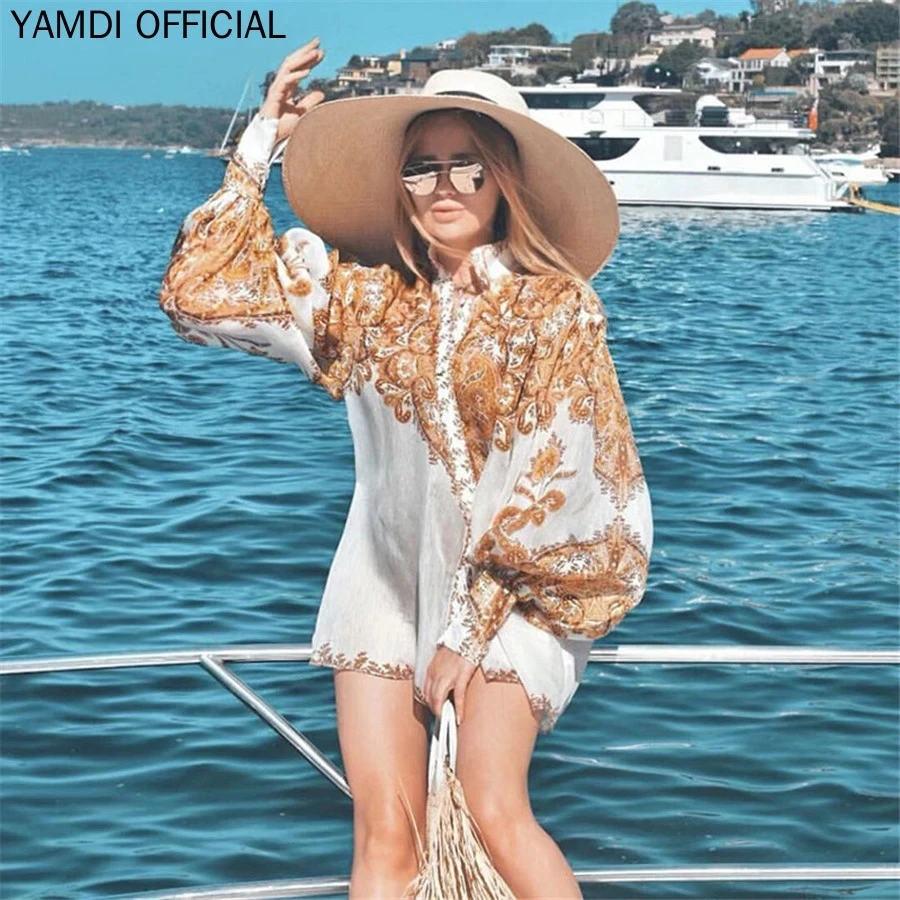

YAMDI Fashion Runway Top Female Puff Sleeve Blouse Women 2021 Autumn New Designer High Neck Chic Elegant Silhouette Blouse Shirt