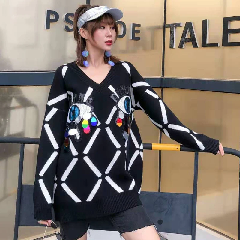 Женский вязаный свитер с капюшоном v-образным вырезом свободная одежда осень 2019 |