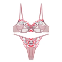sexy pink lace underwear set embroidered flower bra push up brassiere mesh see through erotic lingerie women thong sets