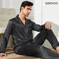 qsrocio autumn men pajamas set fashion polka dot print black sleepwear for male silk like homewear nightwear couples pajamas