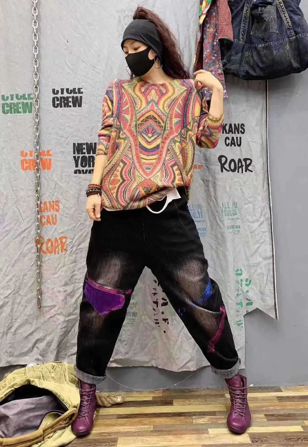 National style autumn and winter new literary retro casual print sweater loose round neck knit female | Женская одежда