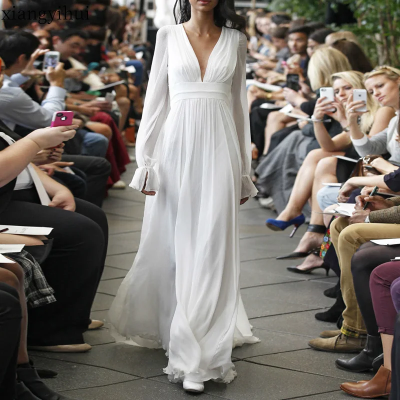 

Women White Chiffon Dress Long Sleeve Fashion Sexy Deep V-neck Party Dress with High Waist Summer Large Sewing Dress Vestidos