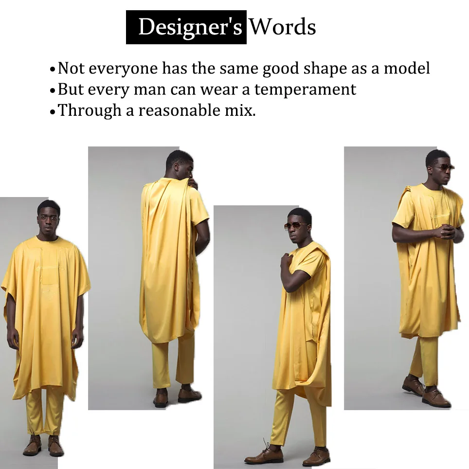 Fadzeco Agbada Мужская африканская вышивка Дашики желтый Doudou топы Короткий рукав брюки 3 шт размера плюс мужская одежда халат Базен