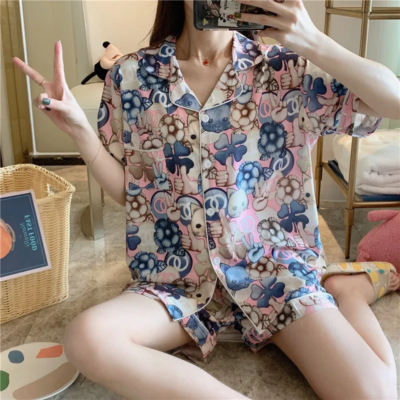 Ночная рубашка размера плюс с принтом сексуальные женские шелковые пижамы для