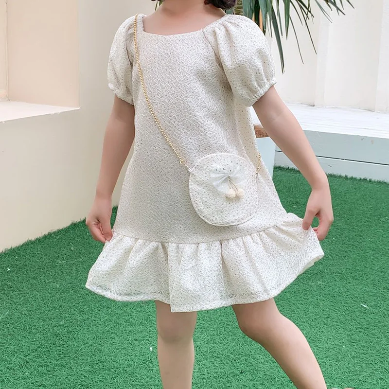 

2022 New Summer Puff Sleeve Solid Color Princess Dress Party Elegant Dress For Girls Children Clothes Kid