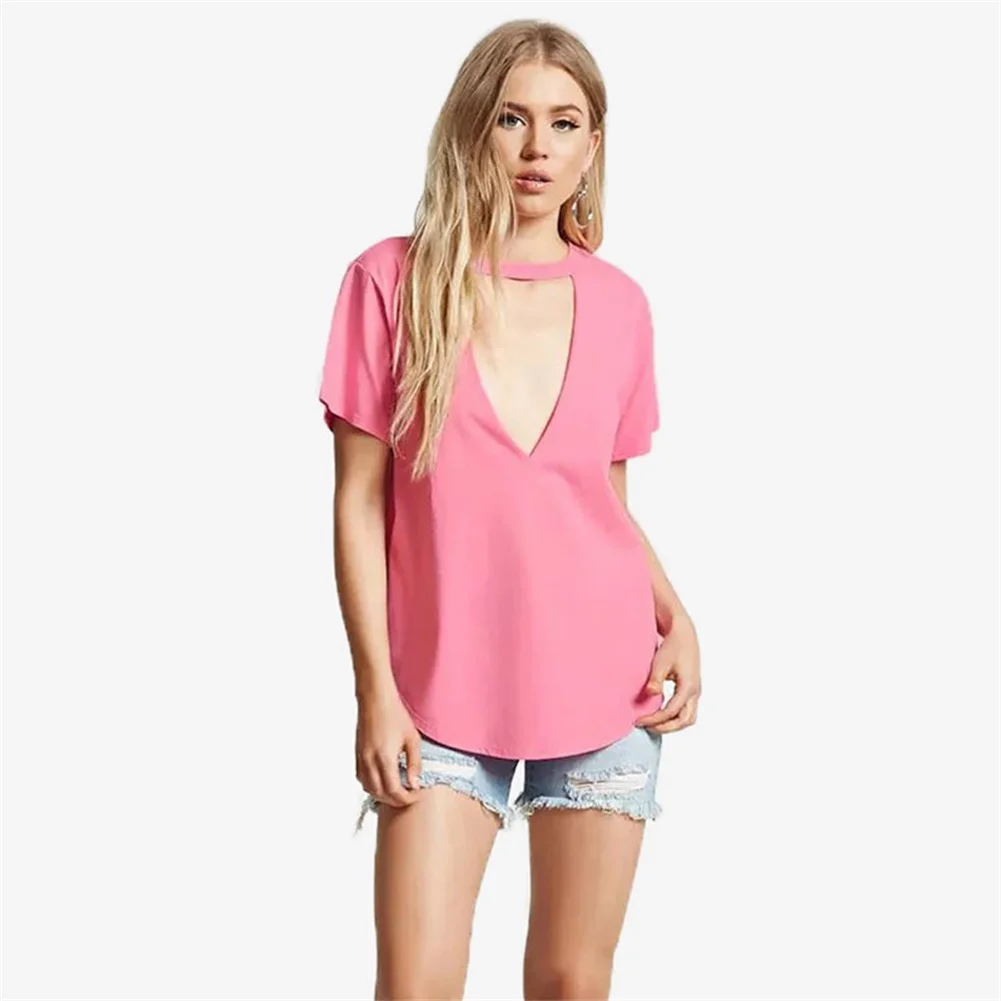 

GREYGEM Women Summer Pink Top Sexy V Neck Short Sleeve T Shirts Casual Hollow Out Female Fashion Solid Tshirt