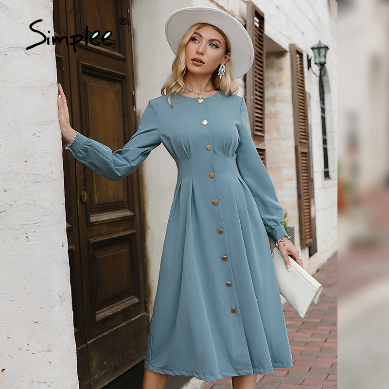

Simplee Vintage A-line buttons women dress autumn Elegant o-neck blue midi dresses Office lady female long sleeves solid vestido