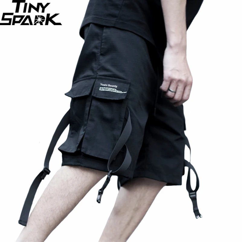 

Men Hip Hop Short Joggers Streetwear 2021 Harajuku Cargo Shorts Pockets Ribbon Summer Black Tatical Military Baggy Short Hipster