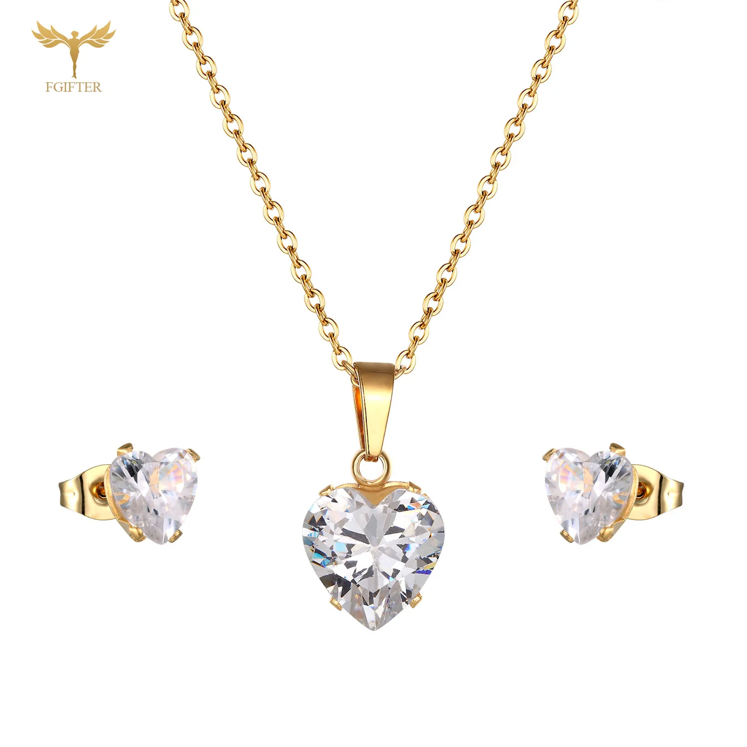 

Crystal Heart Pendant Necklace Earrings Stainless Steel Fashion Elegant Geometric Jewelry Set for Women