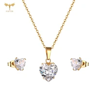 crystal heart pendant necklace earrings stainless steel fashion elegant geometric jewelry set for women