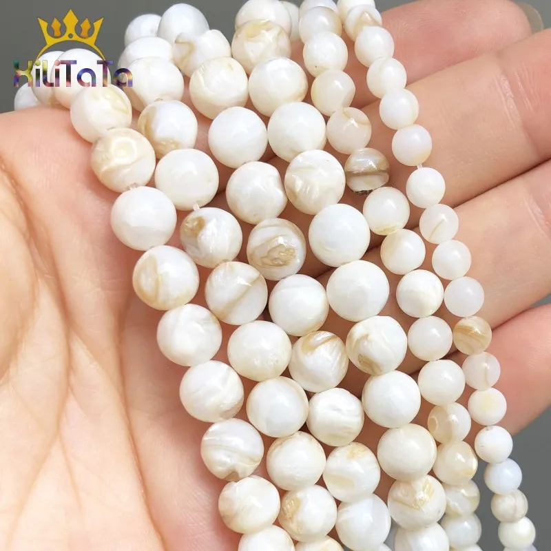 Natural Stone Beads White Shell Round Loose Spacer Beads For Jewelry DIY Making Bracelet Ear Studs Accessories 15inches 4/6/8mm
