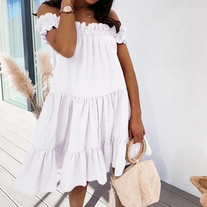 

Lugentolo Sexy Summer Dresss Women Off The Shoulder Slash Neck Ruffled Short Sleeves Womens Mini Dress