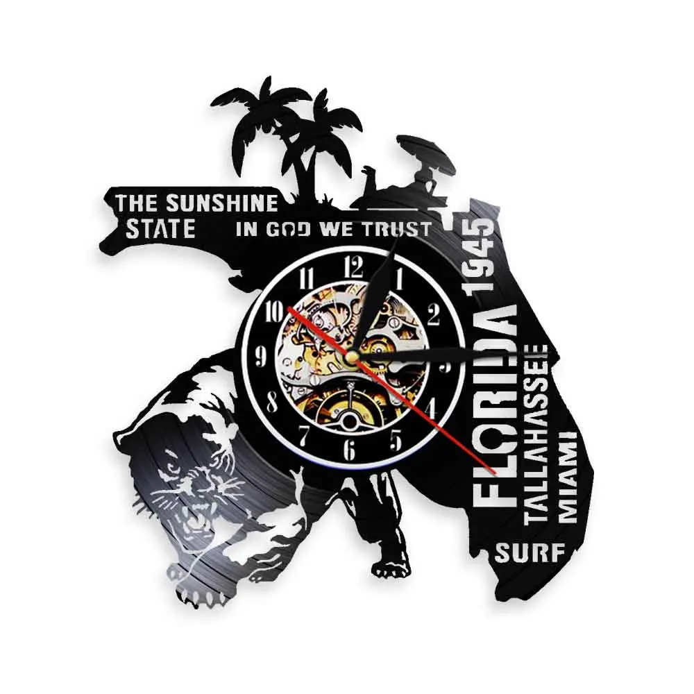 

USA Florida State Coconut Cityscape Vinyl Record Wall Clock The Sunshine State In God We Trust Hanging Decor Art Travel Gift