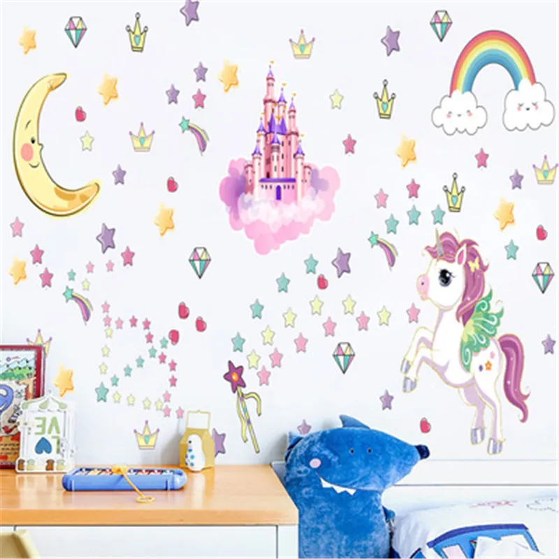 Luminous Unicorn Wall Stickers Glow In The Dark Stars Rainbow Unicorn Wall Decal For Kids Room Baby Bedroom Fluorescent Sticker