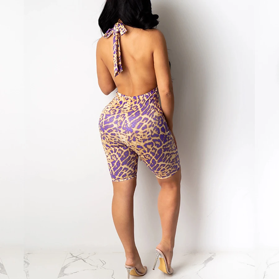 

Women Sashes Halter Jumpsuit 2020 Summer Leopard Print Skinny Club Outfits Sexy V Neck Blackless Short Rompers Womens Jumpsuit
