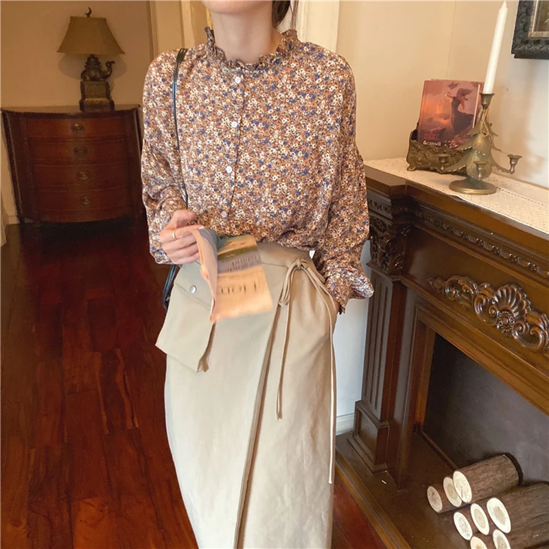 2021 Весенняя женская Новая Винтажная шифоновая блузка с принтом рубашка в
