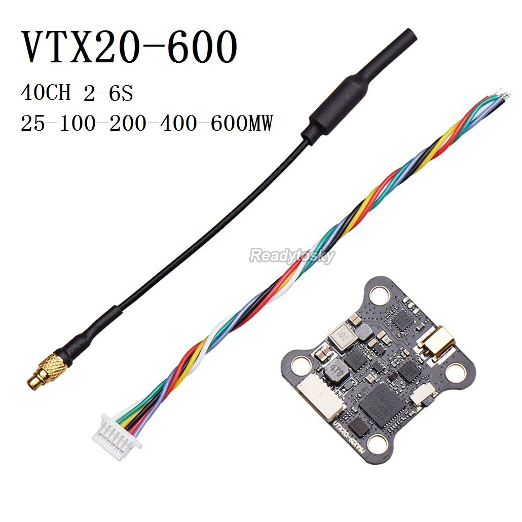 

JHEMCU VTX20-600 5.8G 40CH Transimitter PitMode 25mW 100mW 200mW 400mW 600mW Adjustable VTX 7-26V for RC FPV Racing Drone