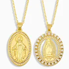 Ожерелье FLOLA с позолотой Дева Мария для женщин овальная подвеска Стразы CZ Mirco Pave Религиозные ювелирные изделия подарки nkeu25