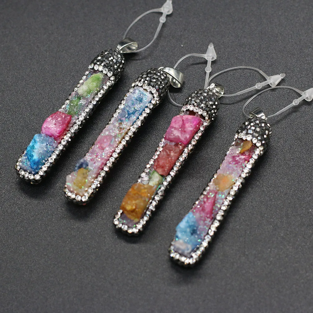 Natural Stone Pendant Rectangle Shape Crystal Set Drill Exquisite Charm for Jewelry Making DIY Necklace Earrings Accessories | Украшения и