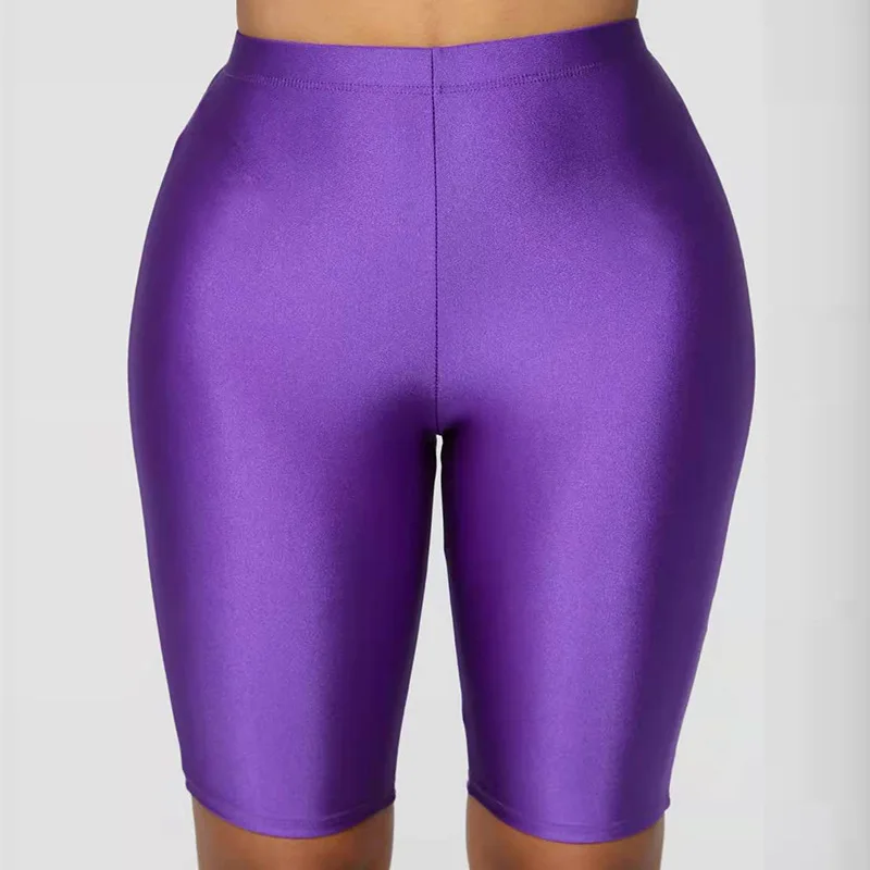 

Women Summer Candy Color Five Pants High Waist Glossy Shorts Casual Shinny Bodycon Elastic Stretch Solid Biker Shorts