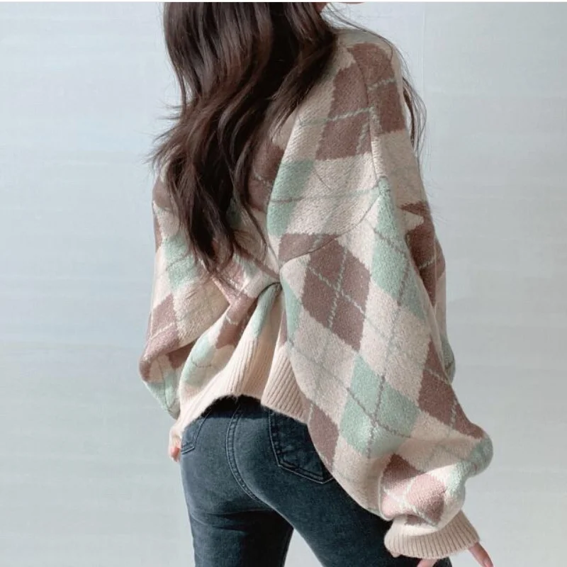 

Winter warm fashion ladies retro sweater loose round neck thick simple plaid pullover loose long sleeve sweater 2021